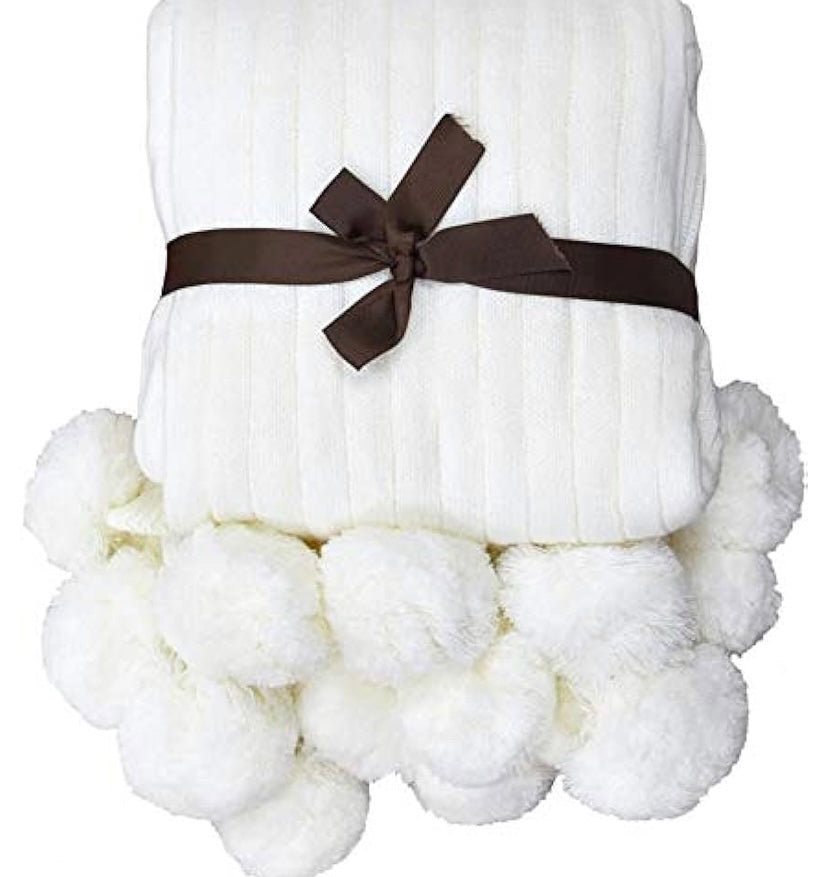 Cream White Pom Pom Blanket